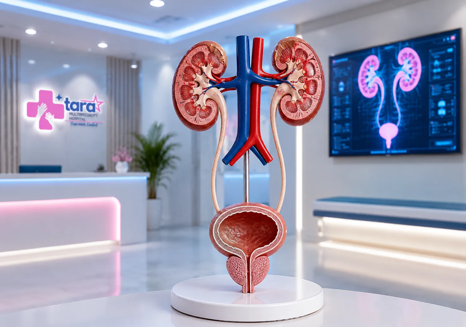 Urology doctor explaining kidney and urinary system model to a patient at Tara Hospital